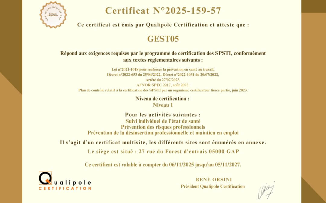 Le GEST 05 franchit une première étape majeure : Obtention de la Certification SPEC 2217 – Niveau 1 !